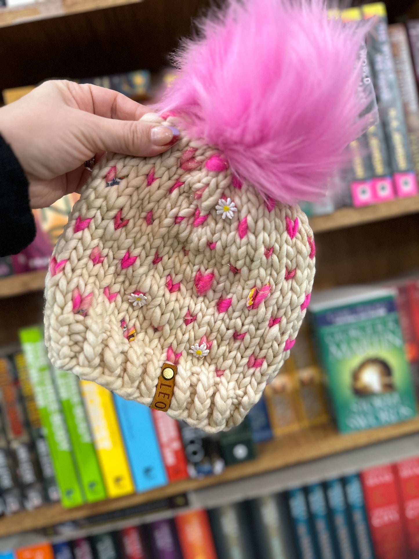 Chunky Knit Daisy Heart Faux Fur Beanie