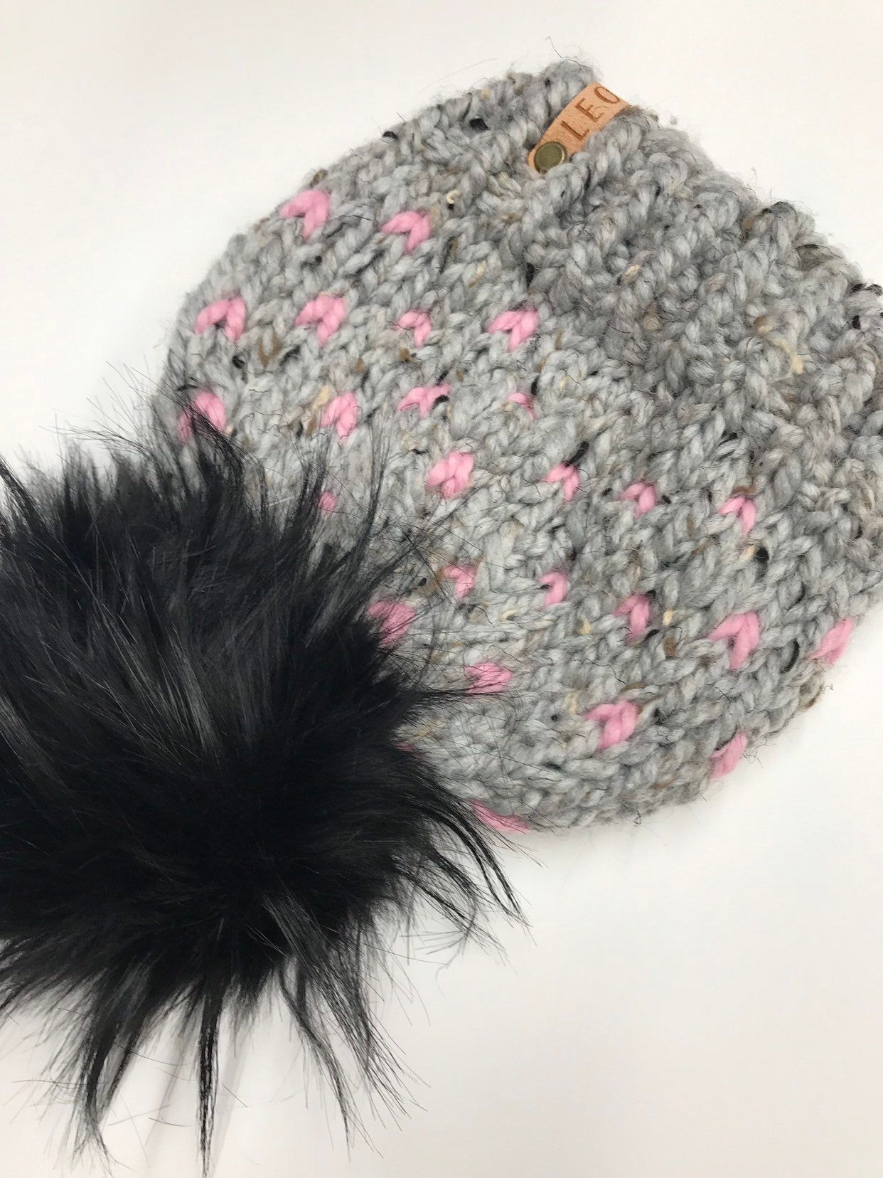 Chunky Heart Knit Faux Fur Pom Beanie