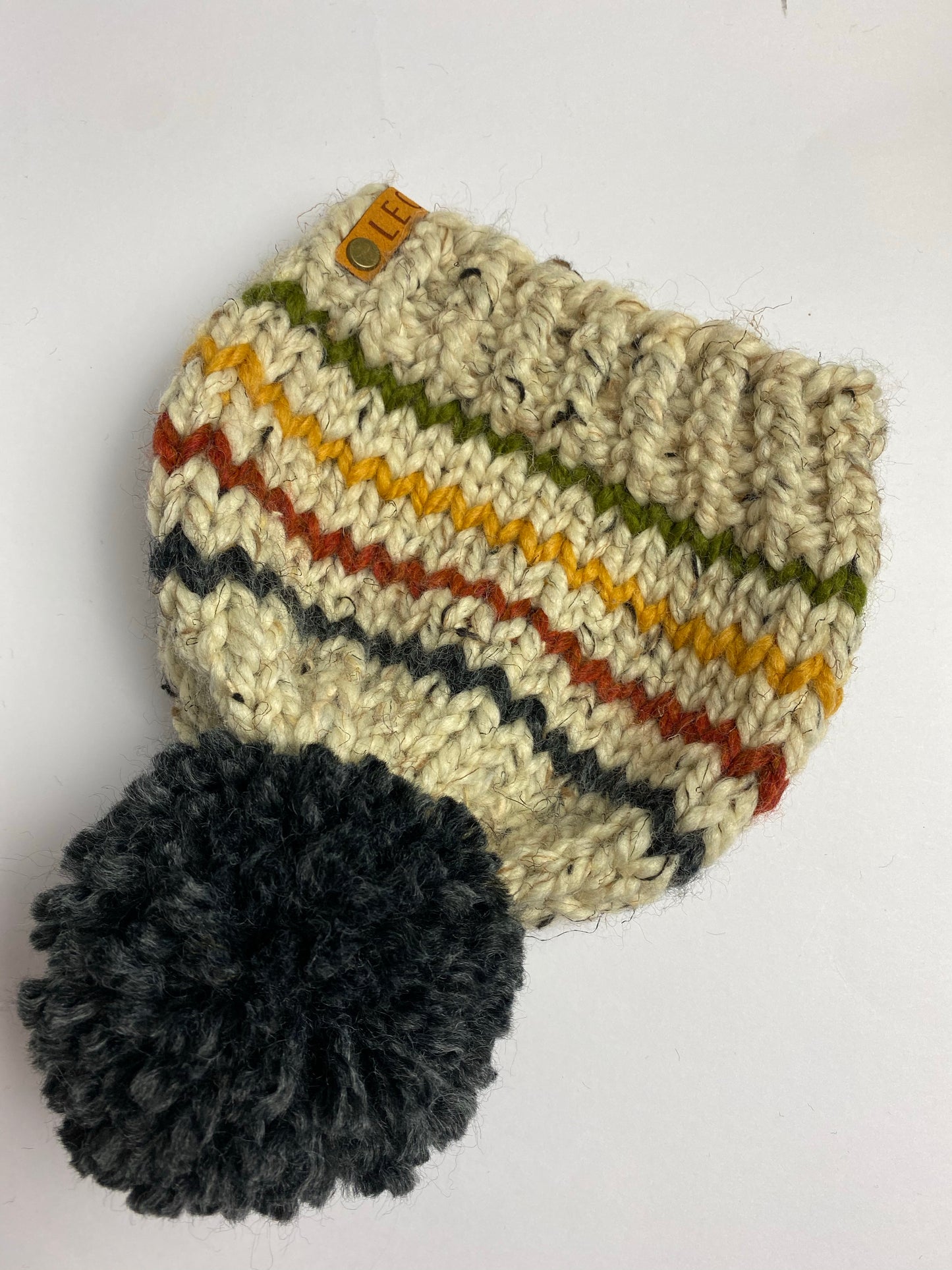 Chunky Striped Beanie With Yarn Pom Pom