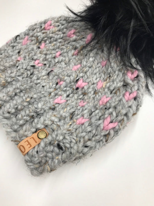 Chunky Heart Knit Faux Fur Pom Beanie