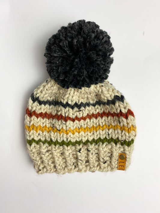 Chunky Striped Beanie With Yarn Pom Pom